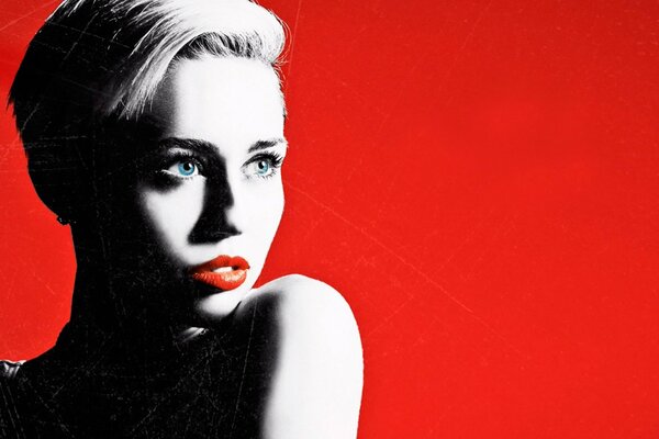 Miley Cyrus close-up on a red background