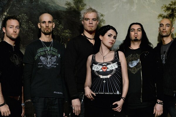 Band Within Temptation on the background of a forest landscape