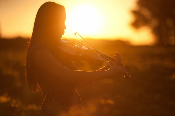 Mädchen spielt Geige im Licht des Sonnenuntergangs