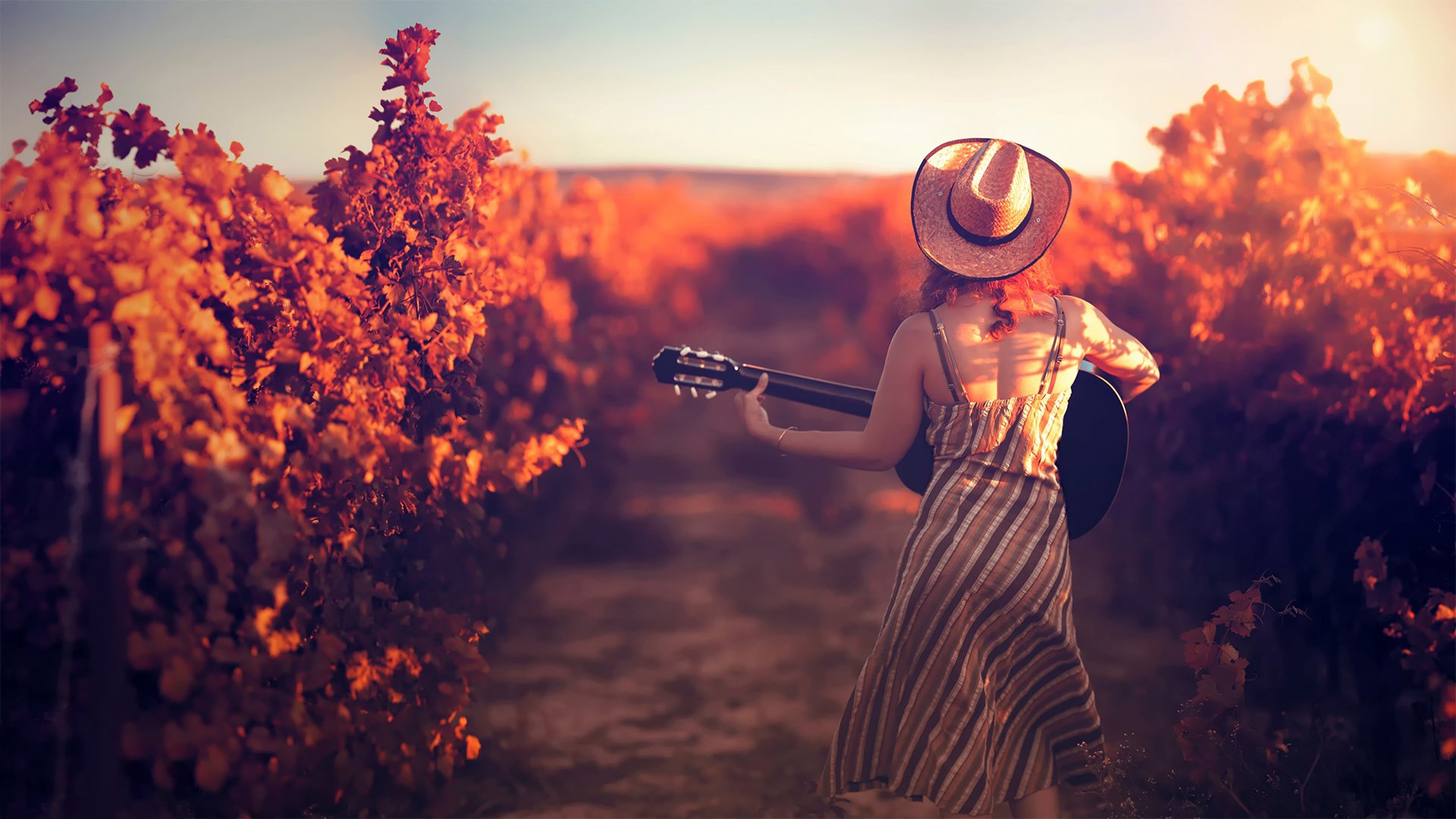 vignoble fille guitare chapeau