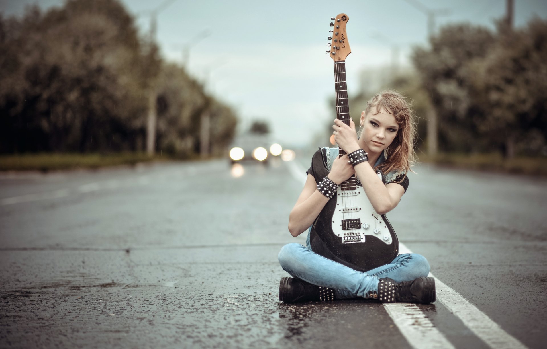 girl road guitars music