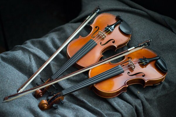 Two violins with bows on the bedspread