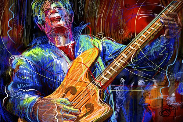 Ciekawe kolorowe zdjęcie z gitarzystą