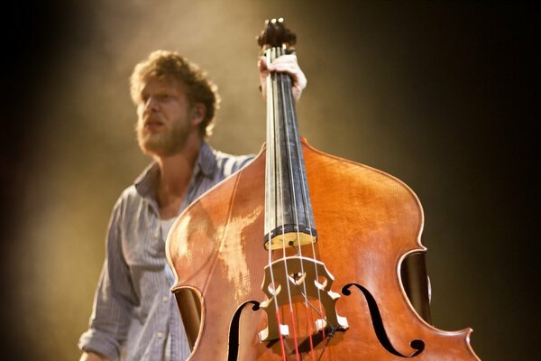 Mature man plays the double bass