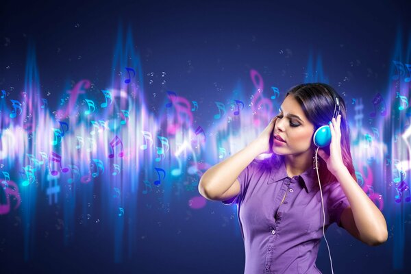 Mädchen hört Musik mit Kopfhörern auf farbigem Hintergrund