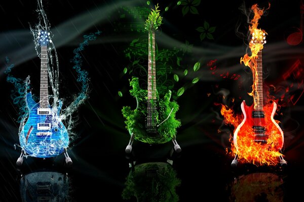 Guitars in the elements of water, fire and earth