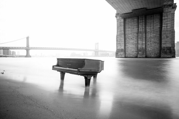 Pianoforte a coda nel fiume sullo sfondo del ponte in bianco e nero