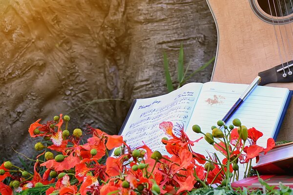 Music notebook in flowers with guitar