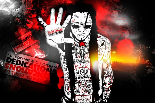 Rapper Lil Wayne on a red and black background