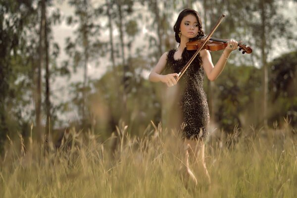 Chica tocando el violín en el campo