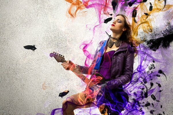 Inhaling music girl with guitar