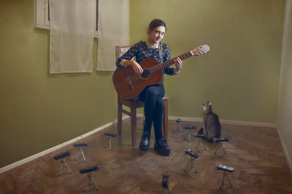 Musica per un gatto da una ragazza con una chitarra