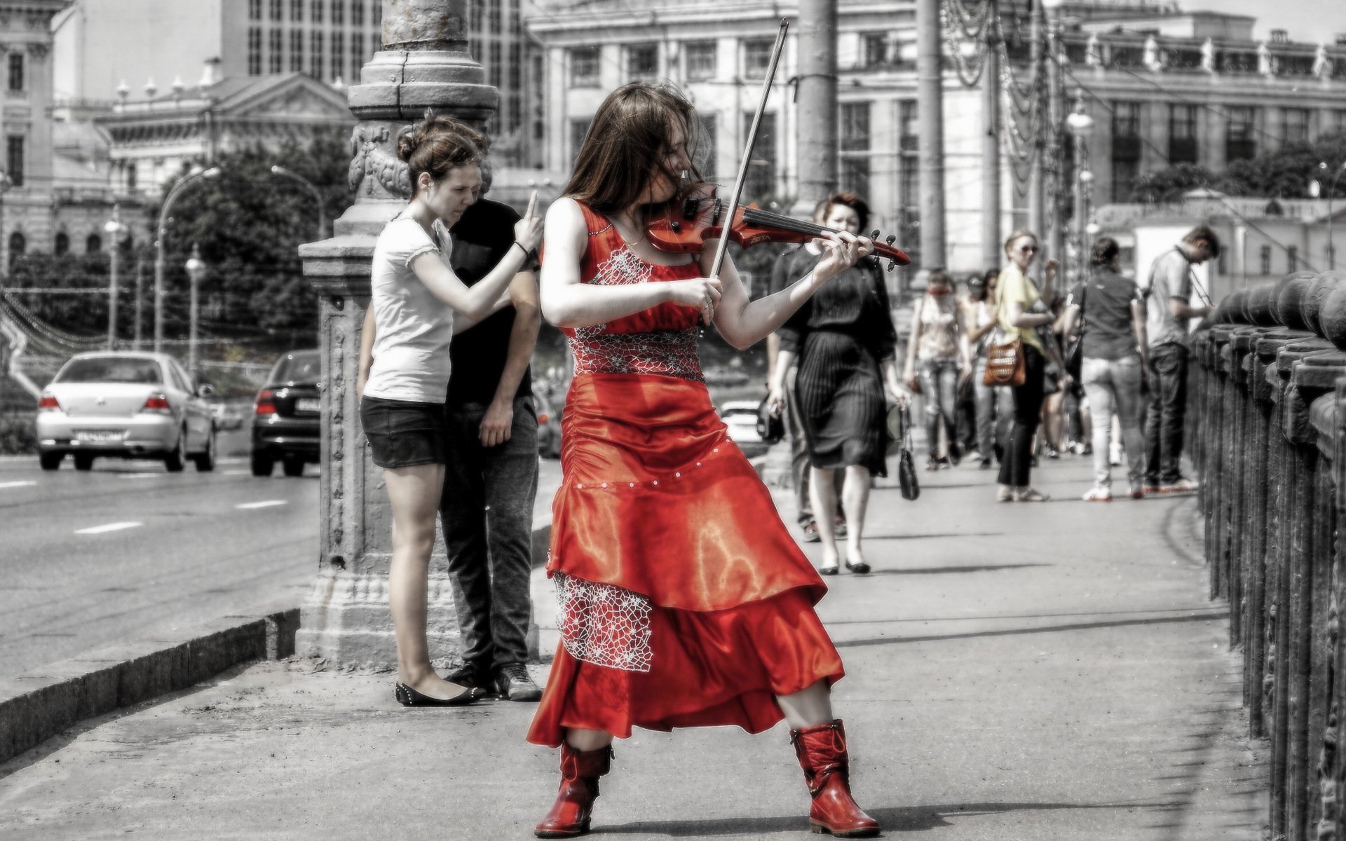 town street violin a woman music