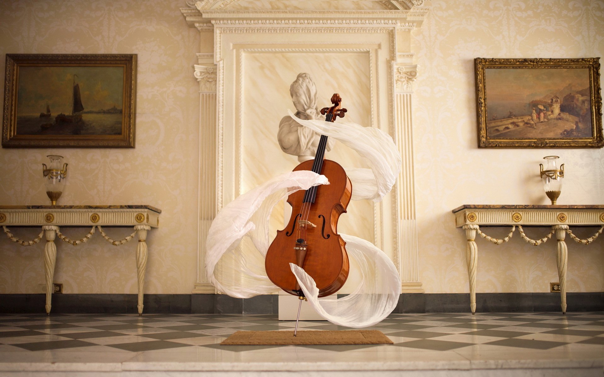 violoncello sciarpa surreale spirito luminoso musica strumento statua