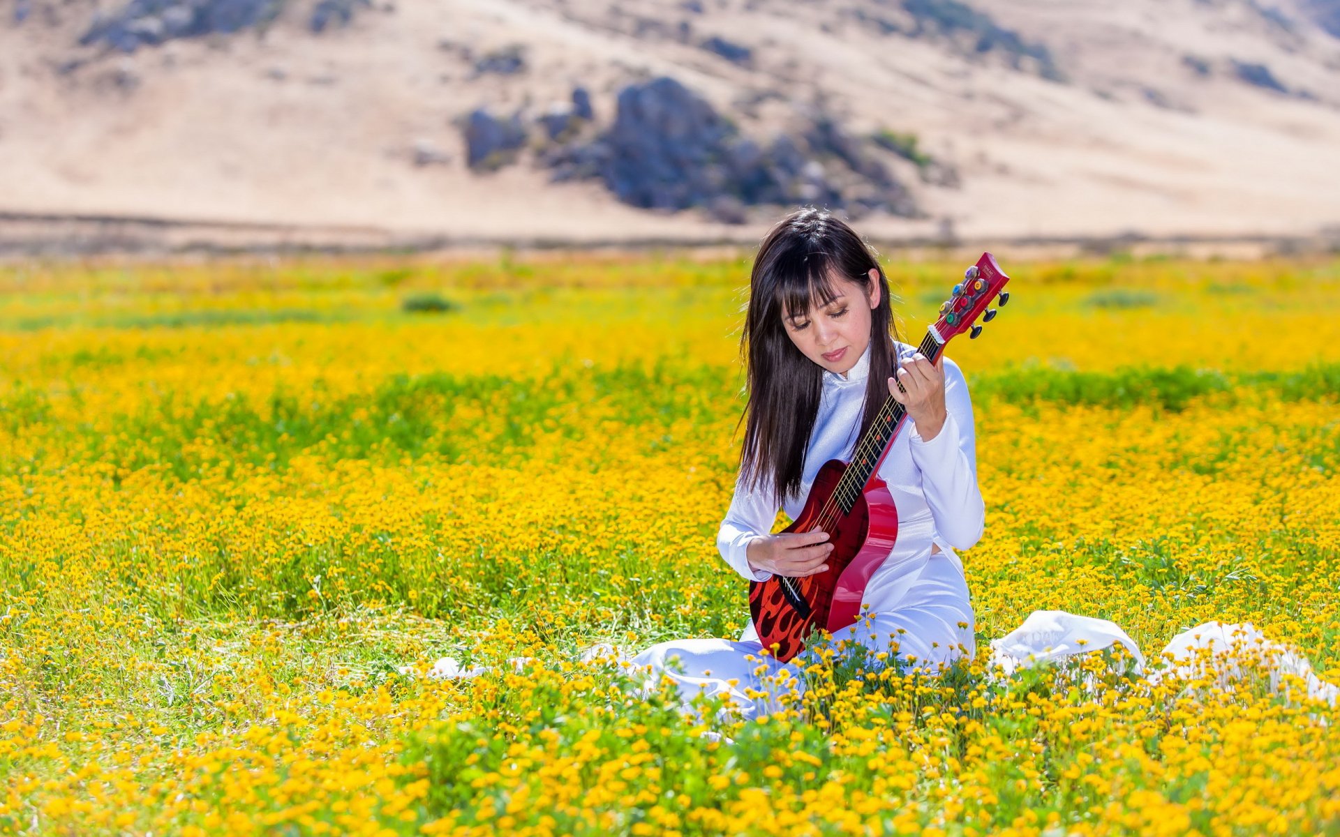 chica asiático verano guitarra música