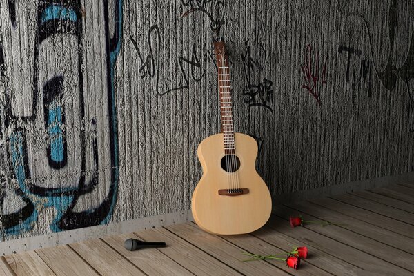 Guitarra contra fondo de pared con graffiti