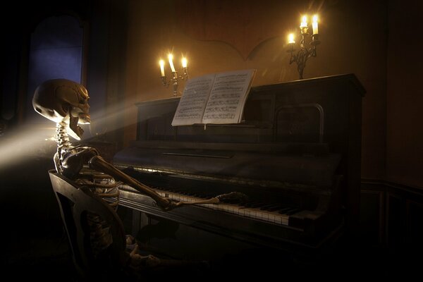 Skeleton plays piano by candlelight