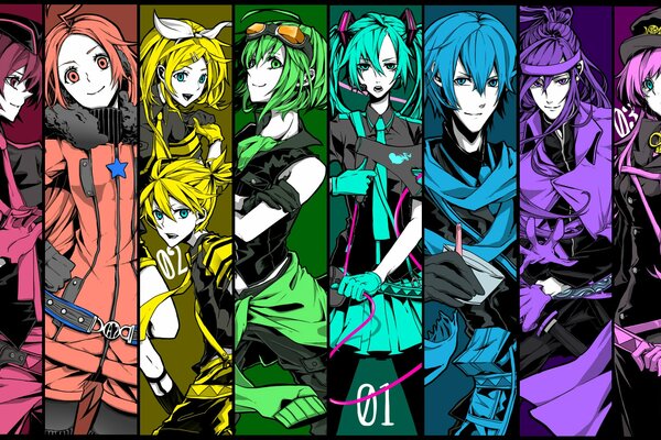 Eight anime characters of rainbow colors