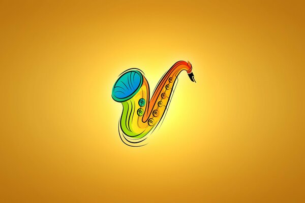 Multicolored painted saxophone on an orange background