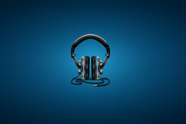 On a blue background, music in headphones.