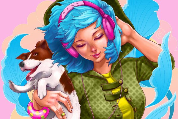 Dziewczyna ze słuchawkami dotyka włosów. bransoletka na rękach. dziewczyna trzyma psa zwierzę
