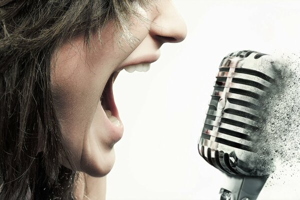 A girl with a microphone on a white background