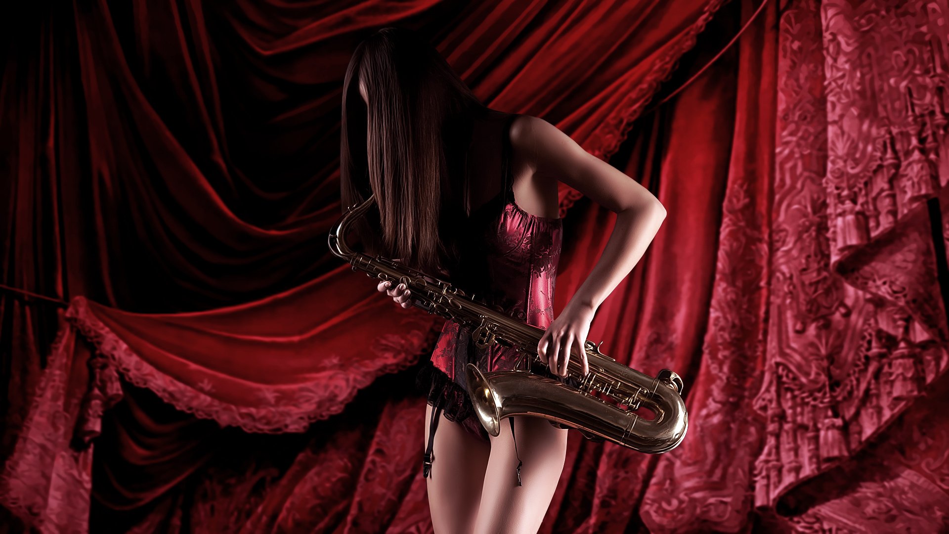 girl curtains saxophone in red