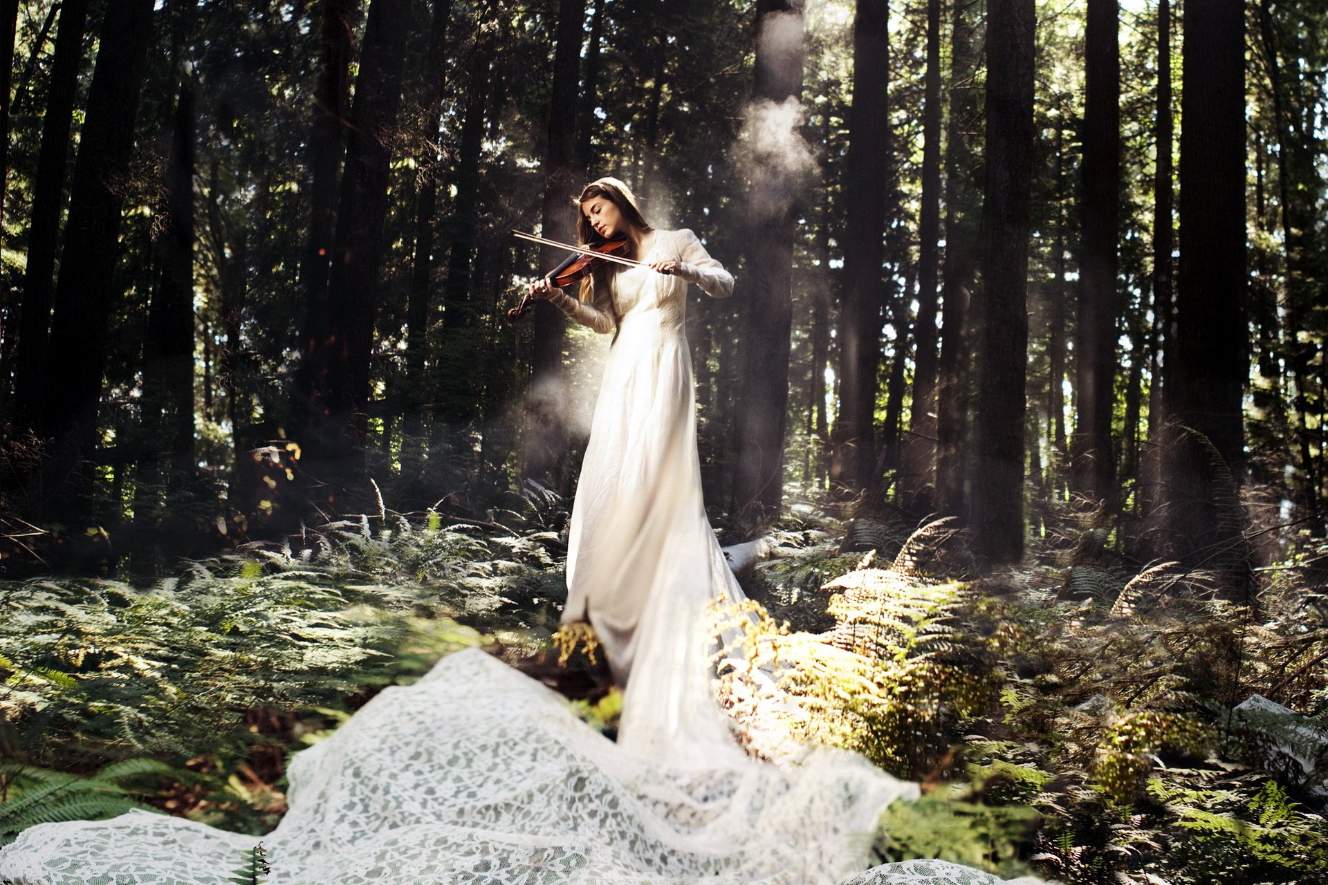 girl violin music forest