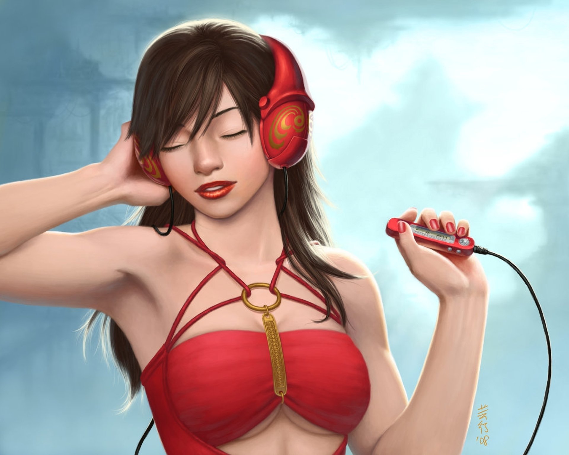 chica dibujo auriculares reproductor música arte jeroglíficos