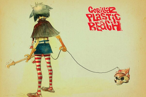 The cover of the Gorillaz group. A girl holds a skull by a rope