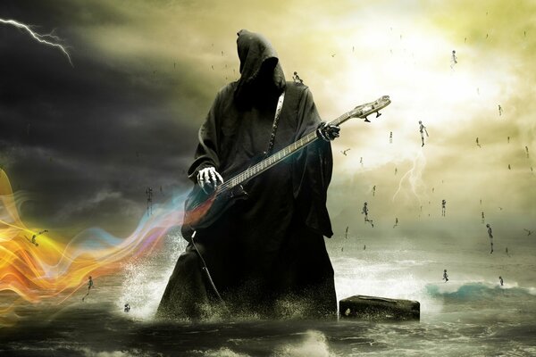 Death plays the electric guitar, magic