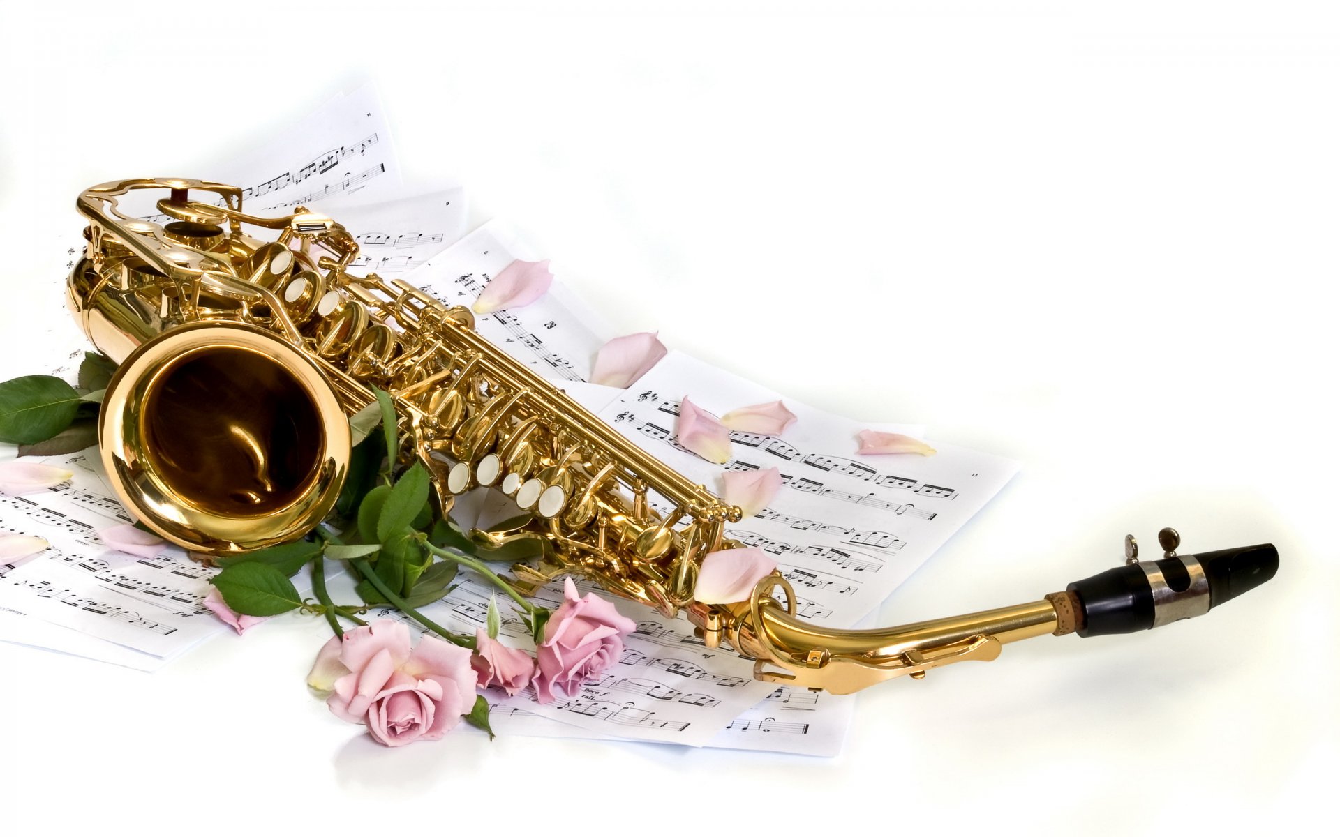 blanco fondo saxofón notas musicales rosas pétalos flores