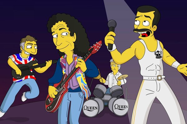 Queen group in the style of the Simpsons