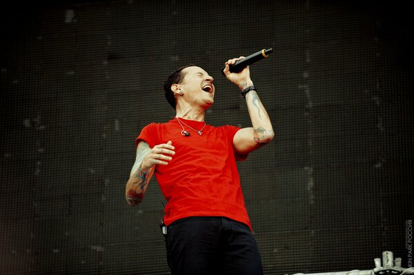 A man in a red T-shirt sings into a microphone