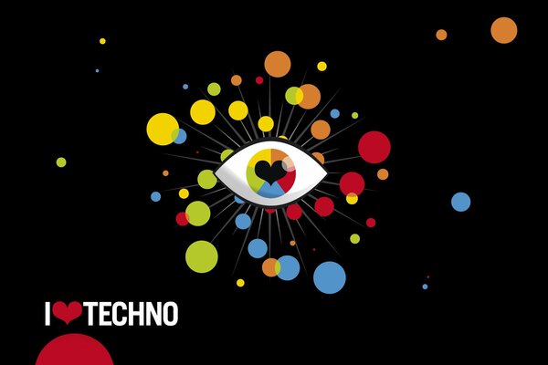 I love techno logo and an eye with a heart on a dark background