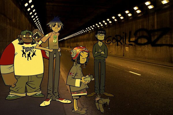 Gorillaz in a dark tunnel with the inscription