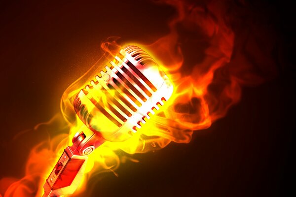 Microphone en flamme sur fond noir