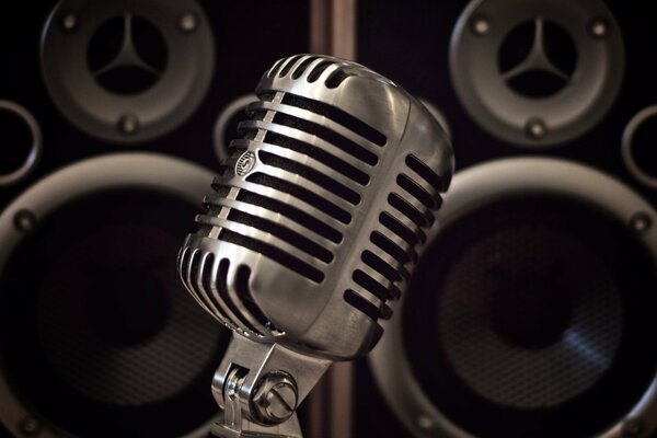 Professional microphone on the background of speakers