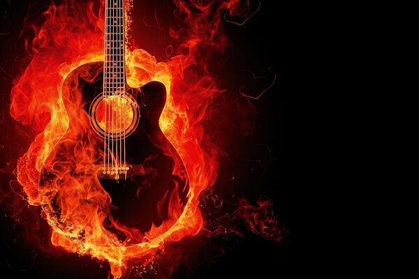 Guitarra negra en llamas sobre un fondo oscuro