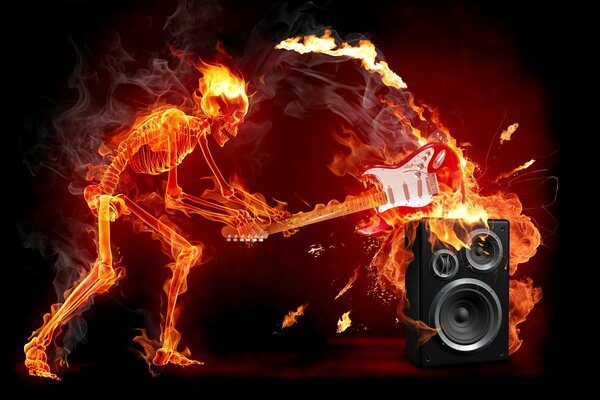 A flaming skeleton with a fiery guitar