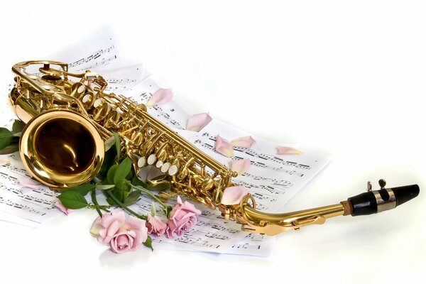 The saxophone lying on the notes among the roses