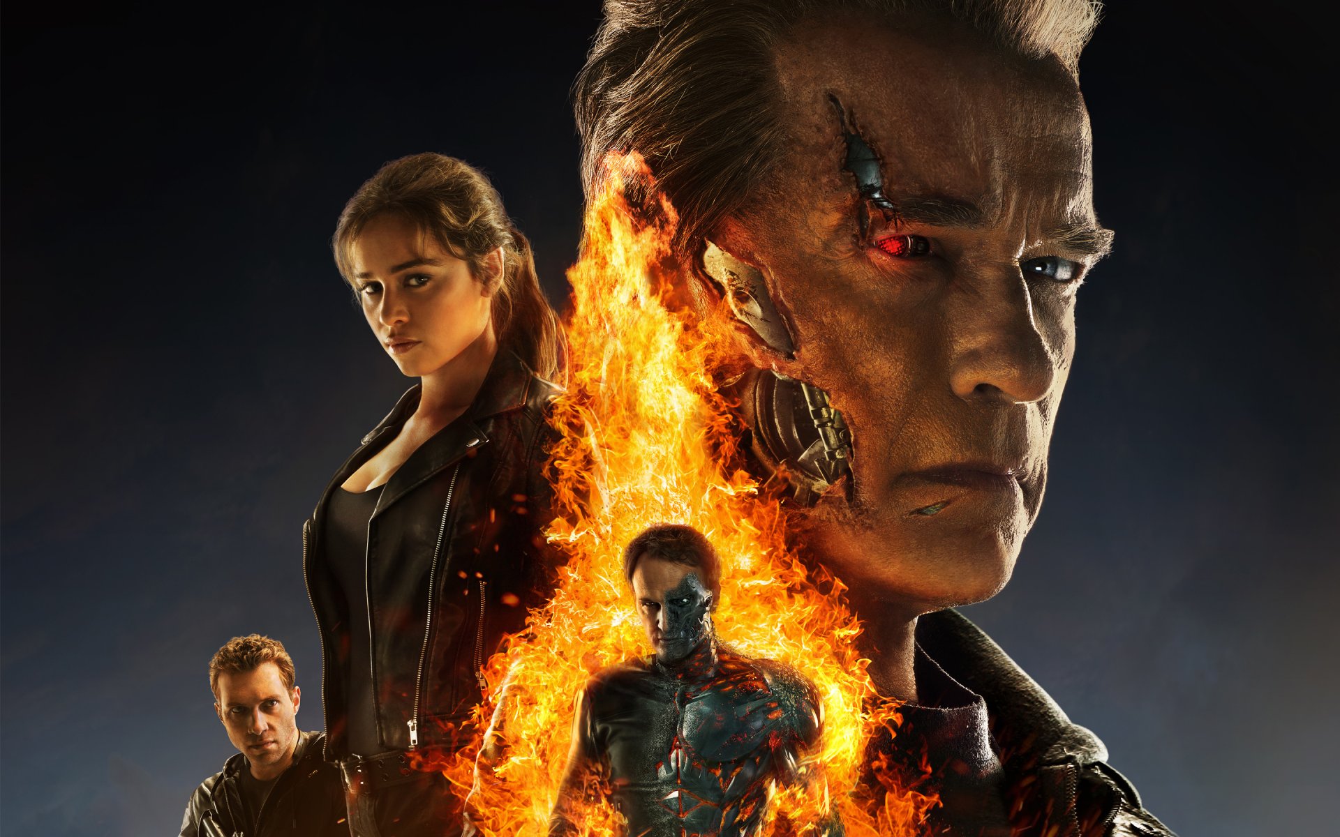 terminator: genesis fantasy arnold schwarzenegger terminator emilia clarke sarah connor jay courtney jay courtney kyle reese jason clark john connor poster flamme feuer