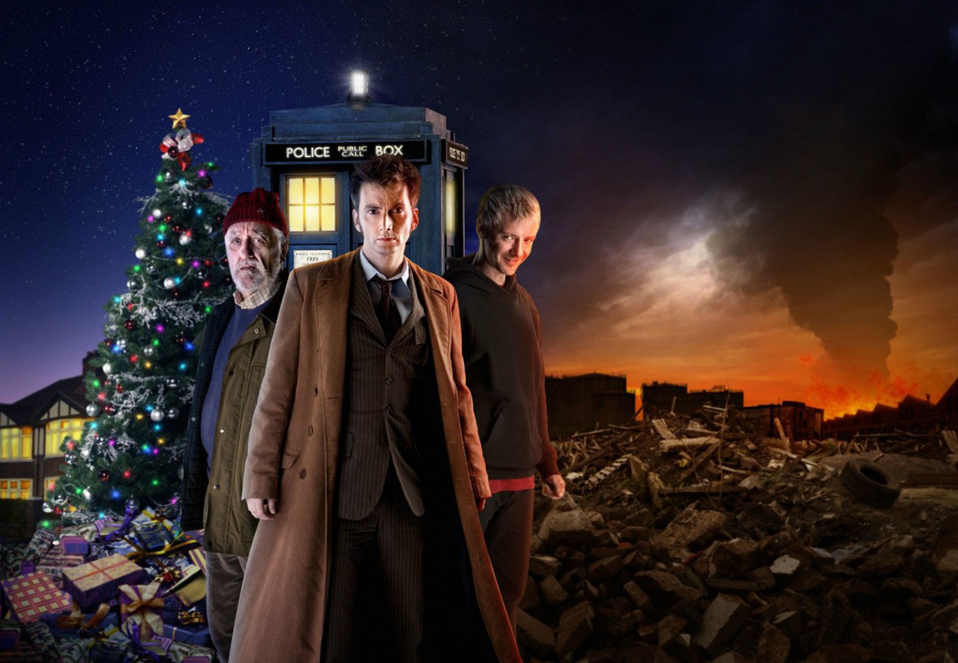 doctor who david tennant der zehnte arzt simm john simm polizeistation tardis weihnachtsbaum müllkippe