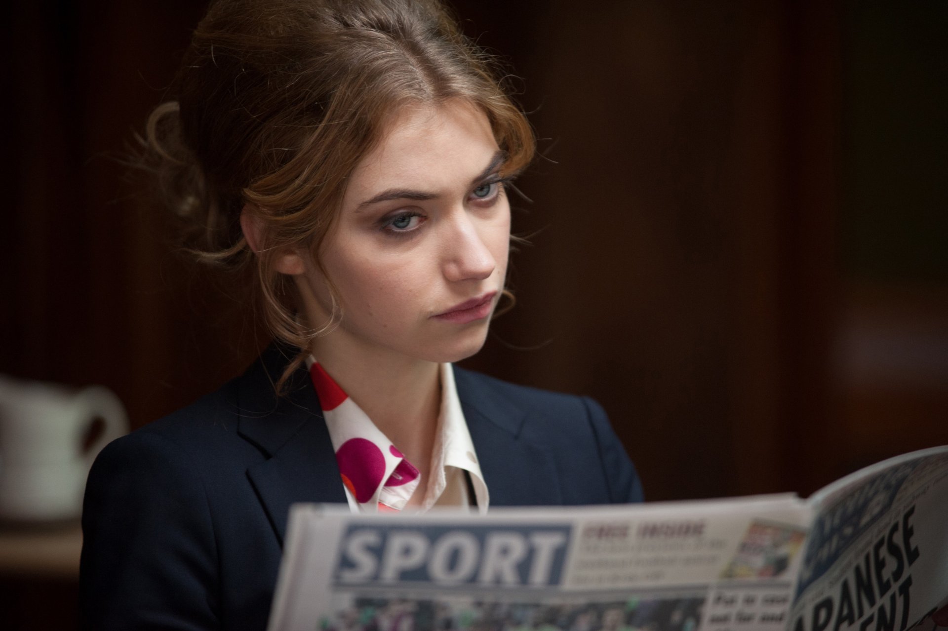 imogen poots actress brunette suit newspapers role film dirt filth