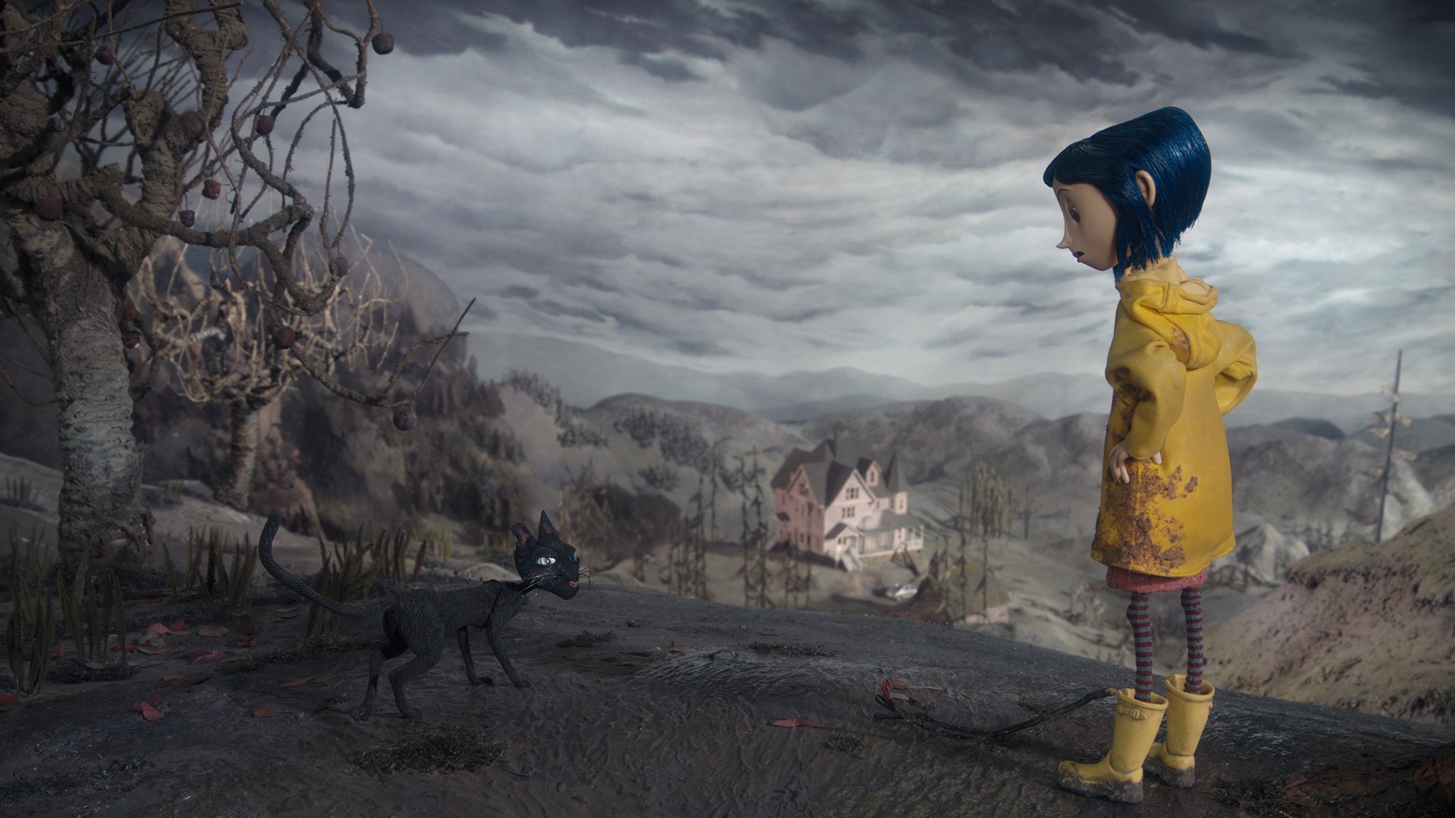 coraline in the land of nightmares coraline coraline cartoon scary fairy tale girl cat meeting dirt gloomy sky cloud