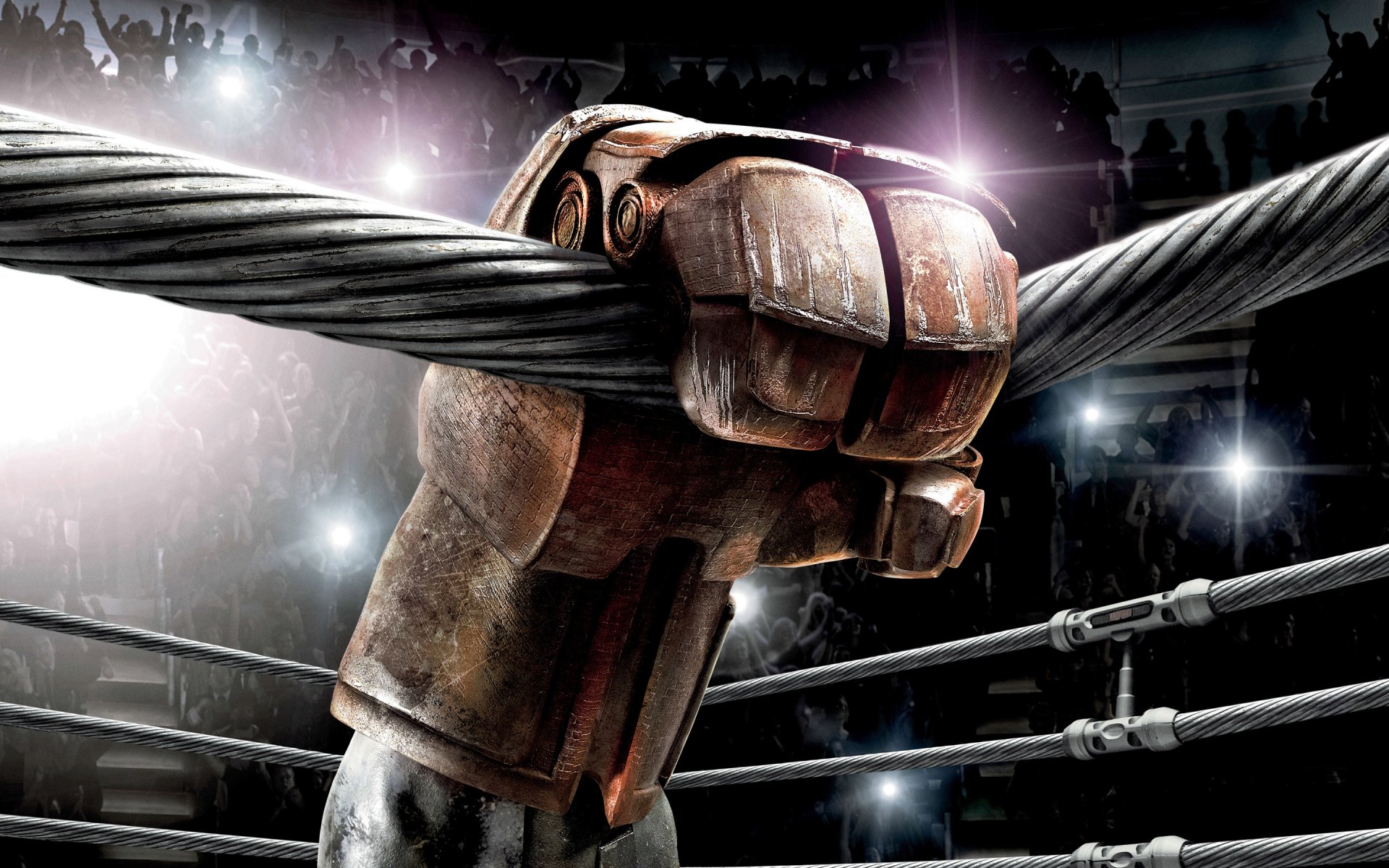 live steel real steel science-fiction hall spectateurs fans tribunes ring cordes boxe robot main gant