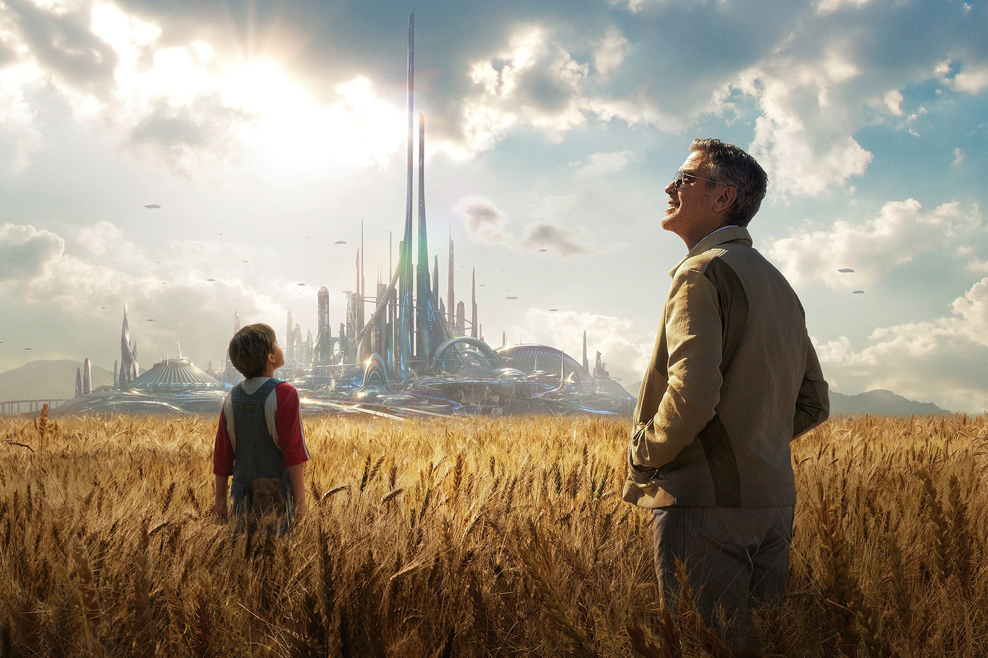 future land tomorrowland fiction parallel world george clooney town the field wheat ears clouds sun