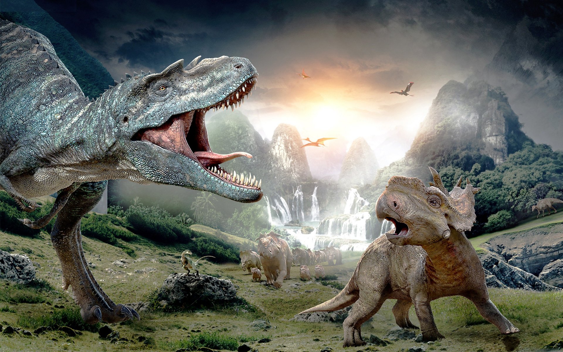 paseos con dinosaurios protoceratops ceratops dinosaurio tyrannosaurus rex t. rex protoceratops dinosaurio parches herbívoro niño tyrannosaurus tyrannosaurus t-rex depredador pterodáctilos montañas rocas valle cascada helechos