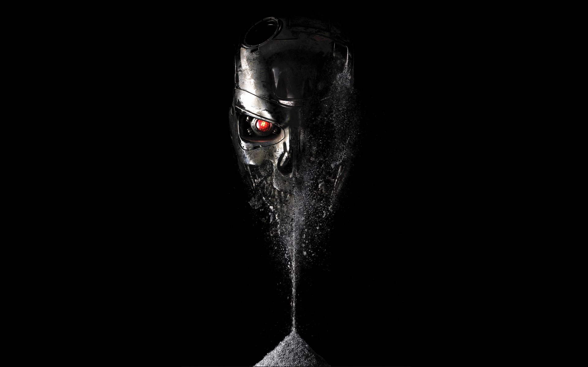 terminator: genesis black background skull eye red terminator crumbles dust fiction