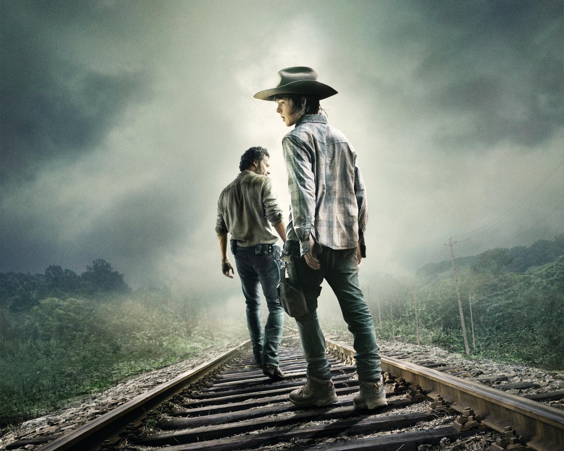 the walking dead no look back 2014 drama horror suspense zombie serie de televisión andrew lincoln rick carl grimes chandler riggs hombres sombrero sensor camino bosque burrus cielo nube hd fondo de pantalla